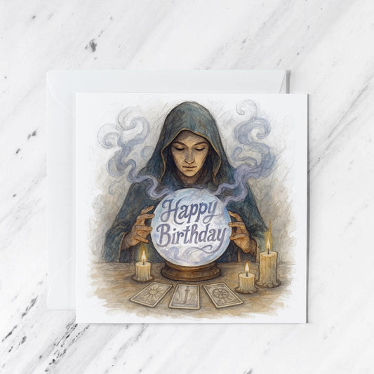Mystic Seer Crystal Ball Birthday Card featuring watercolour tarot illustration, illustrated greeting card