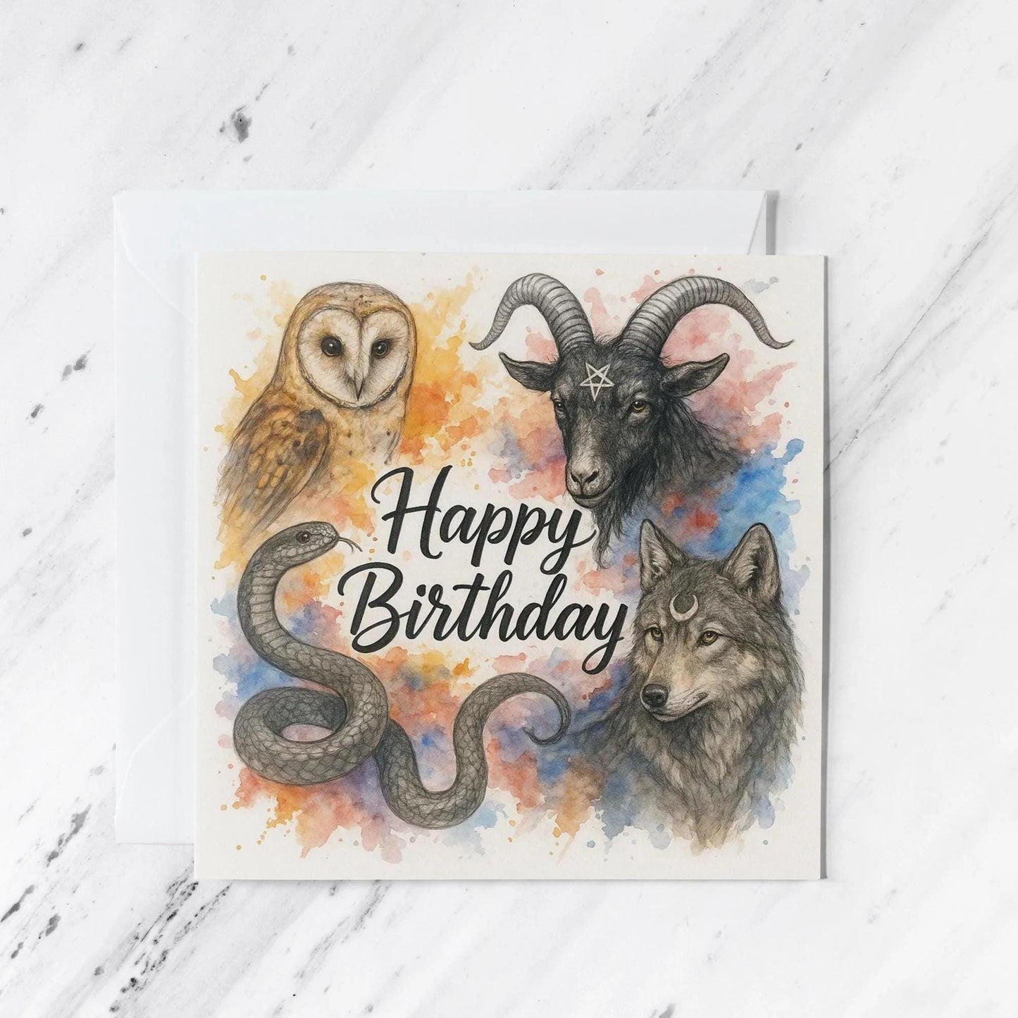 Birthday Card: Watercolour Owl featuring snake, wolf, illustrated greeting card