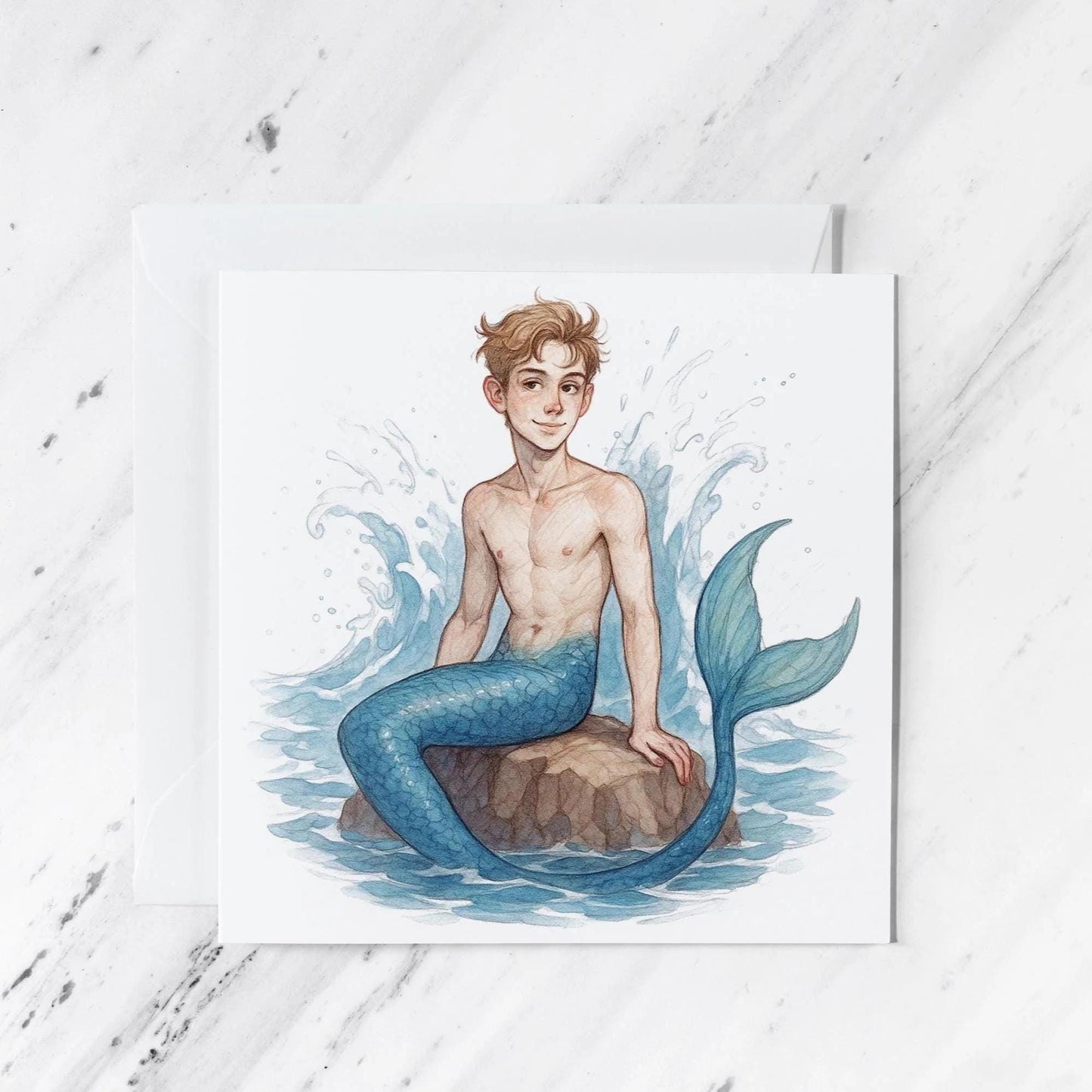 Merman Illustration featuring watercolour fantasy illustration, 6x6 inch card, illustrated greeting card