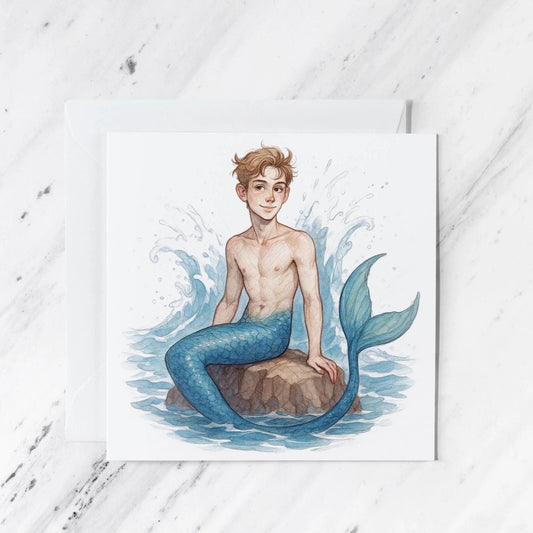Merman Illustration featuring watercolour fantasy illustration, 6x6 inch card, illustrated greeting card