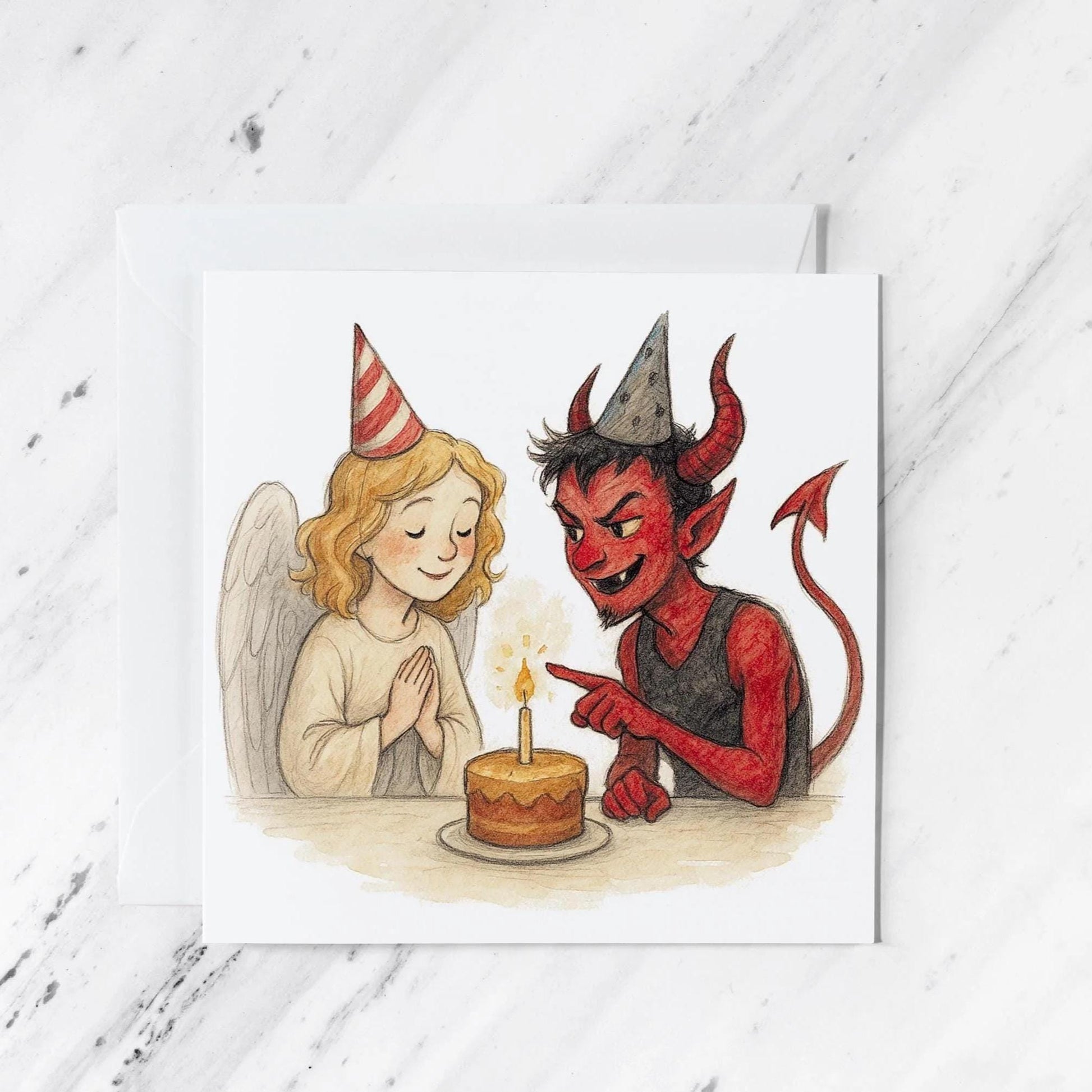 Angel Devil Birthday Card featuring whimsical watercolour illustration, illustrated greeting card