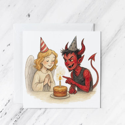 Angel Devil Birthday Card featuring whimsical watercolour illustration, illustrated greeting card