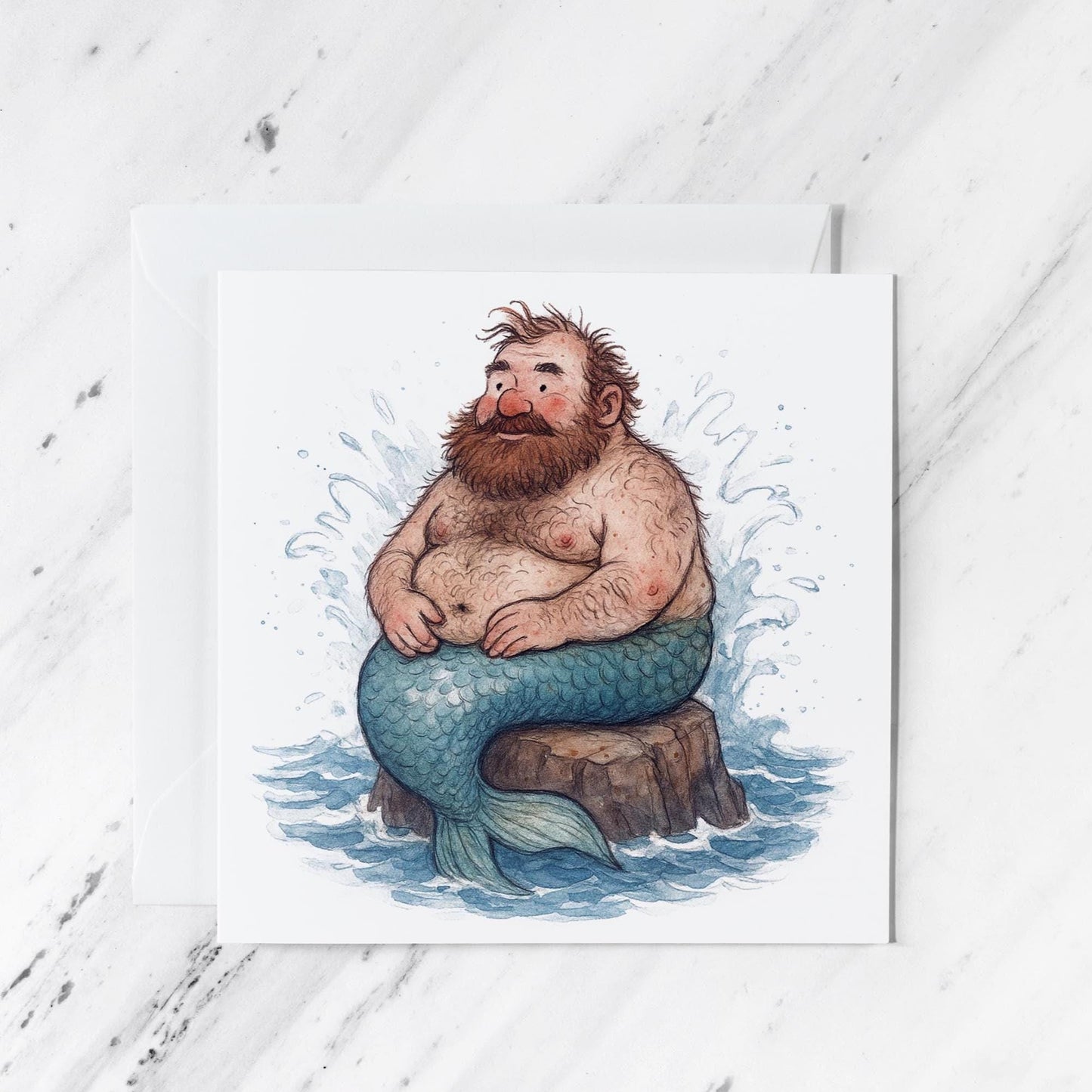 Bearded Merman Watercolour Greeting Card featuring whimsical ocean illustration, illustrated greeting card