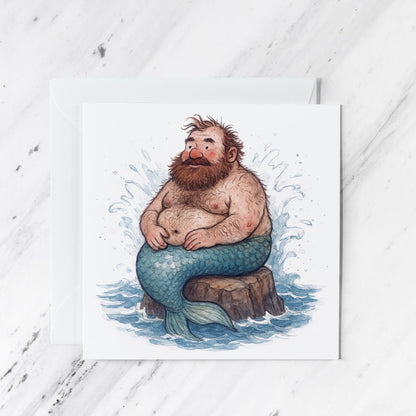 Bearded Merman Watercolour Greeting Card featuring whimsical ocean illustration, illustrated greeting card