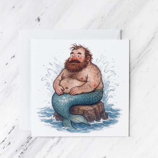 Bearded Merman Watercolour Greeting Card featuring whimsical ocean illustration, illustrated greeting card