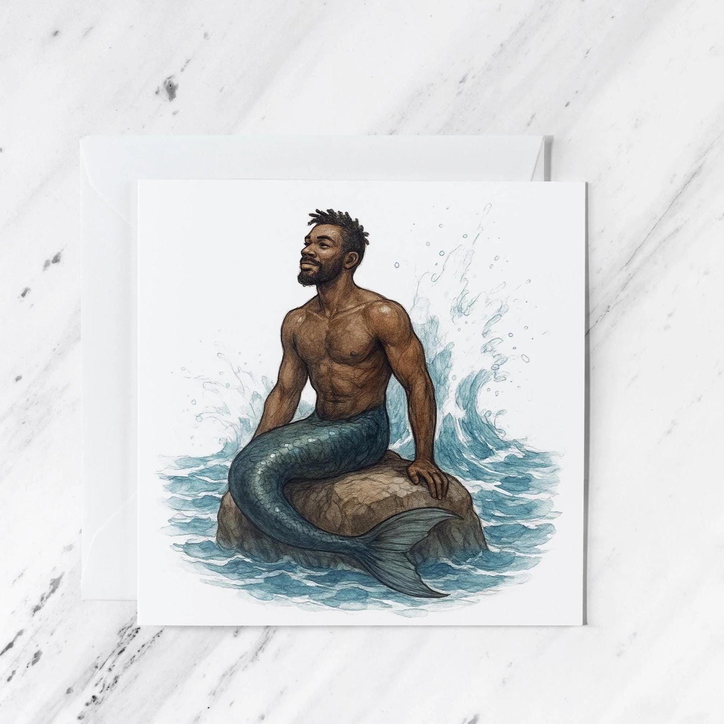 Merman Greeting Card featuring mythical sea creature illustration, illustrated greeting card