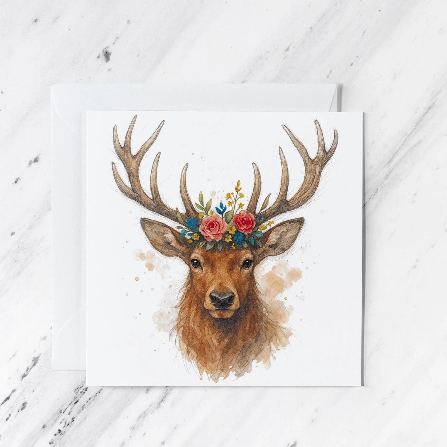 Floral Antler Stag Watercolour Card featuring woodland animal illustration, illustrated greeting card