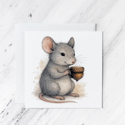Mouse Acorn Cup Illustration featuring woodland watercolour greeting card, illustrated greeting card