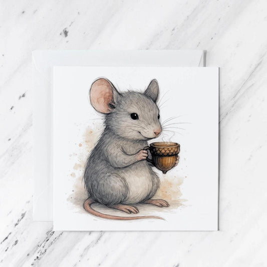 Mouse Acorn Cup Illustration featuring woodland watercolour greeting card, illustrated greeting card