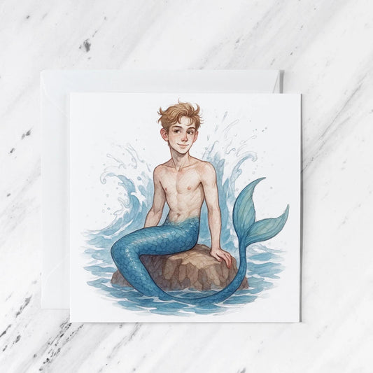 Merman Watercolour Illustration featuring ocean fantasy lgbtq+ illustration card, illustrated greeting card