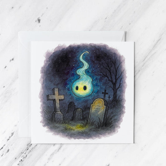 Ghost Flame Graveyard Card – Watercolor Pencil Sketch Illustration