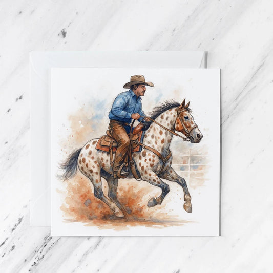 Appaloosa Rodeo Cowboy Horse Rider Card – Watercolor Pencil Sketch Illustration