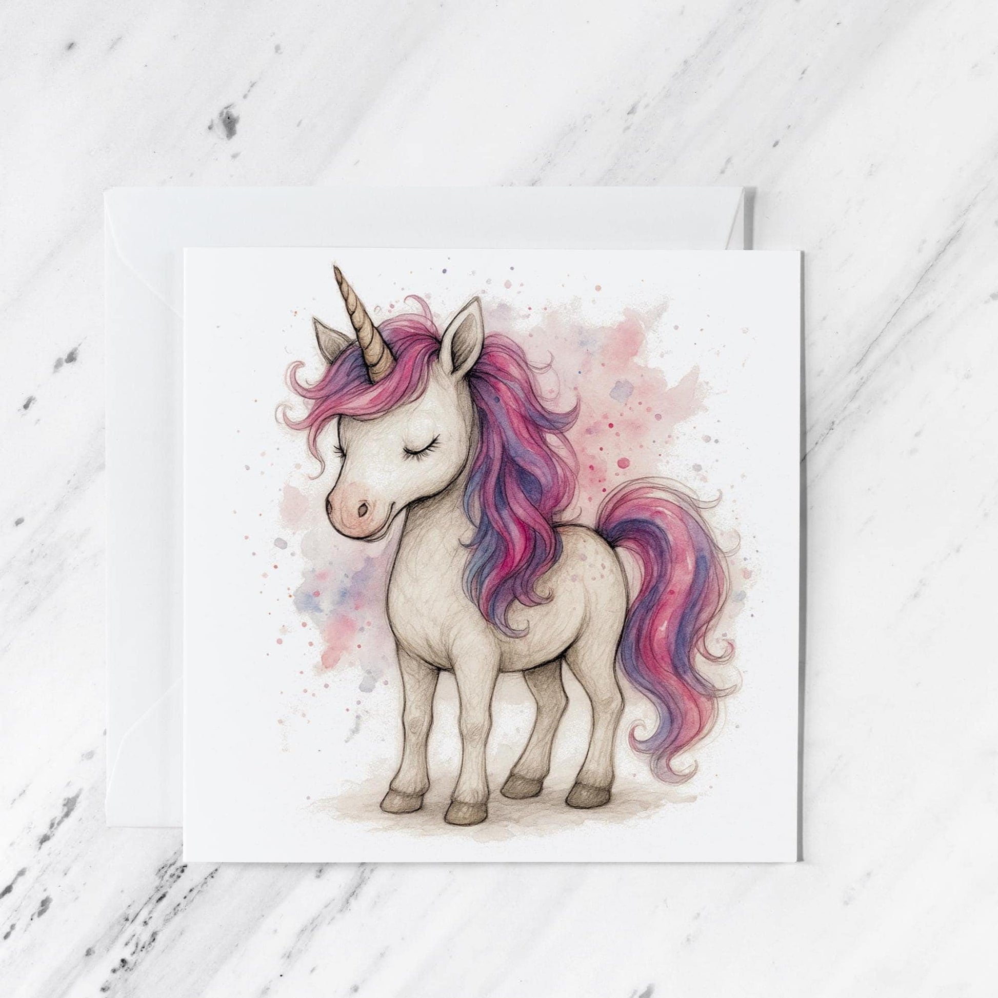 Unicorn Watercolour Greeting Card featuring pink purple fantasy art, illustrated greeting card