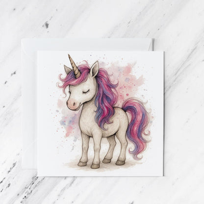 Unicorn Watercolour Greeting Card featuring pink purple fantasy art, illustrated greeting card