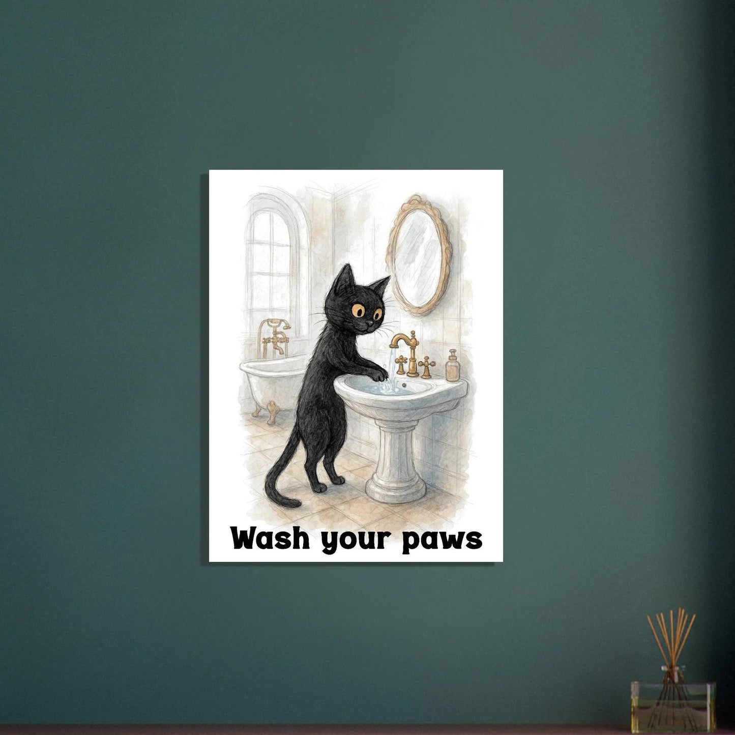 Funny Cat Wash Your Paws Bathroom Wall Art Print - Humorous Hygiene Decor