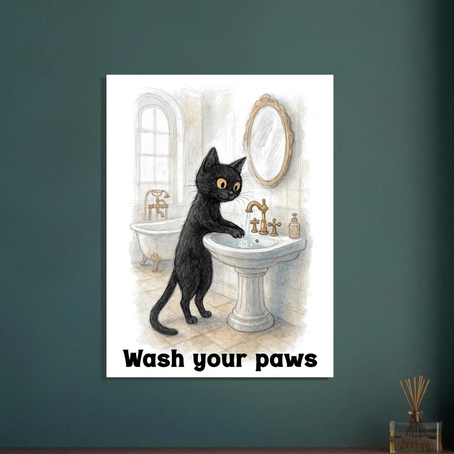 Funny Cat Wash Your Paws Bathroom Wall Art Print - Humorous Hygiene Decor