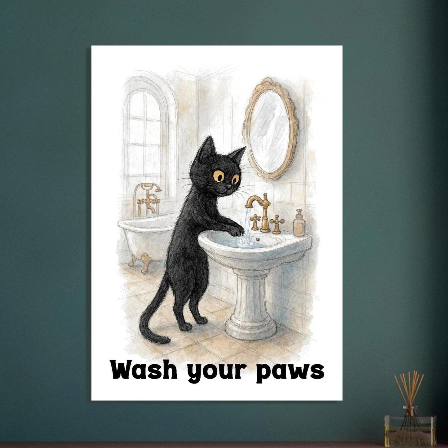Funny Cat Wash Your Paws Bathroom Wall Art Print - Humorous Hygiene Decor