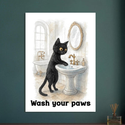 Funny Cat Wash Your Paws Bathroom Wall Art Print - Humorous Hygiene Decor