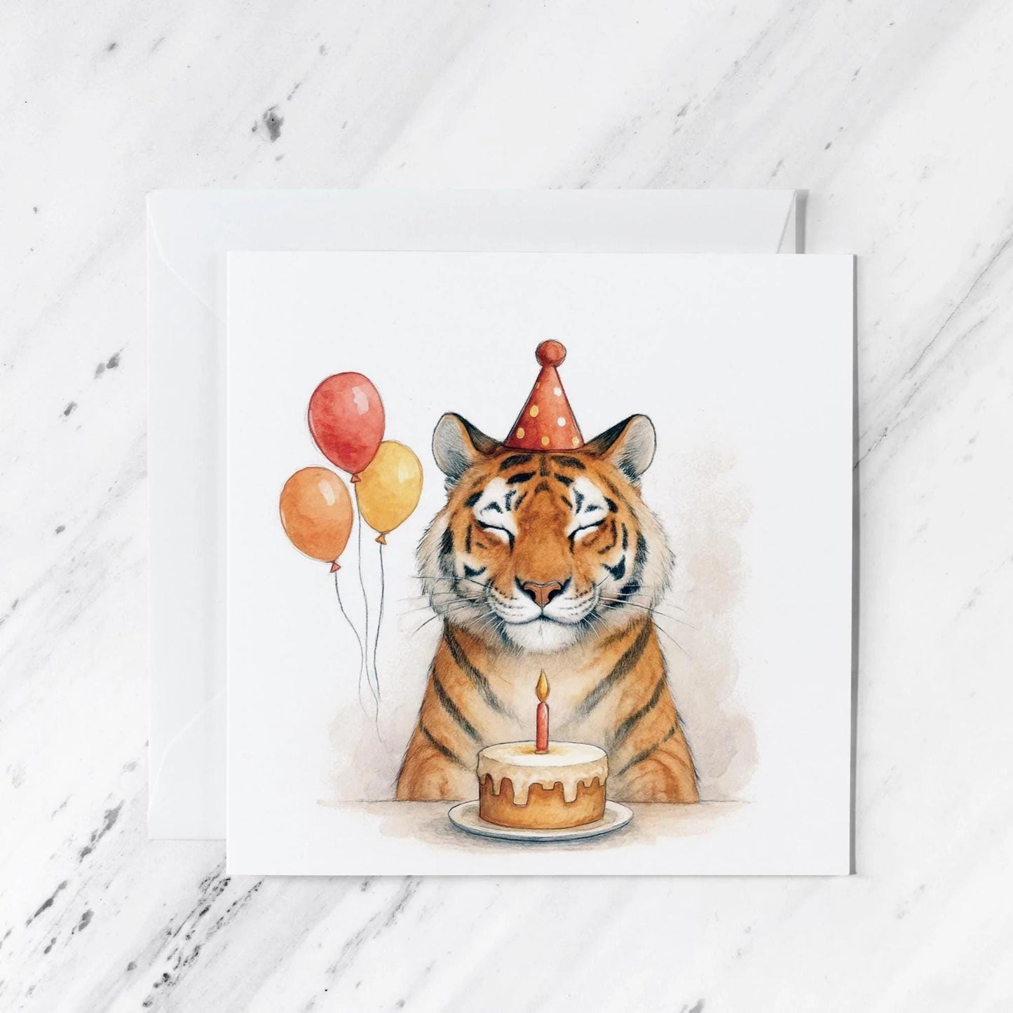 Whimsical Tiger Birthday Card: Jungle Animal Art with Party Hat, illustrated greeting card