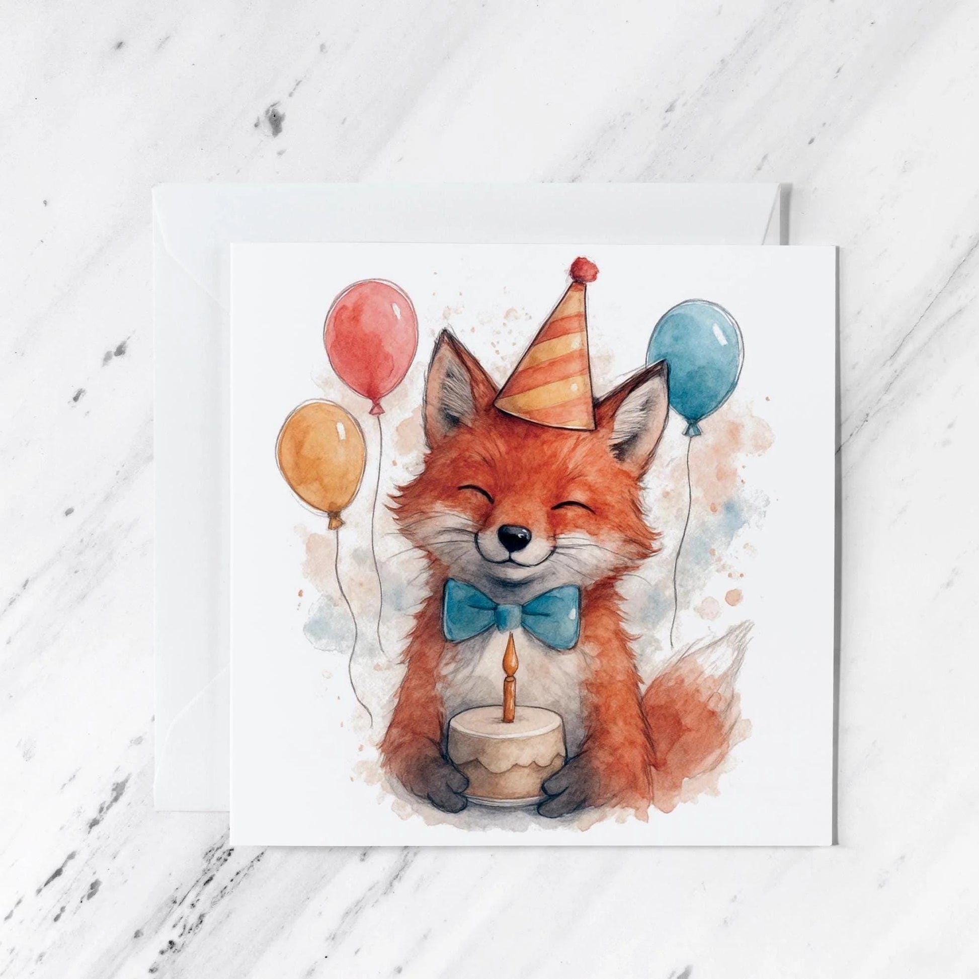 Watercolour Fox Birthday Card featuring woodland animal party illustration, illustrated greeting card
