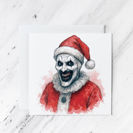 Creepy Santa Clown Horror Card featuring holiday greeting, illustrated greeting card