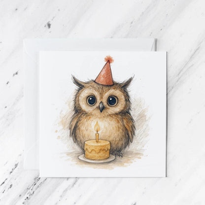 Watercolor Owl Birthday Card, Woodland Animal Illustration, Bird Lover Greeting
