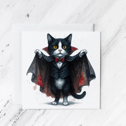Vampire Cat Birthday Card, Gothic Cat Lover Greeting Card, Watercolour Tuxedo Cat Artwork