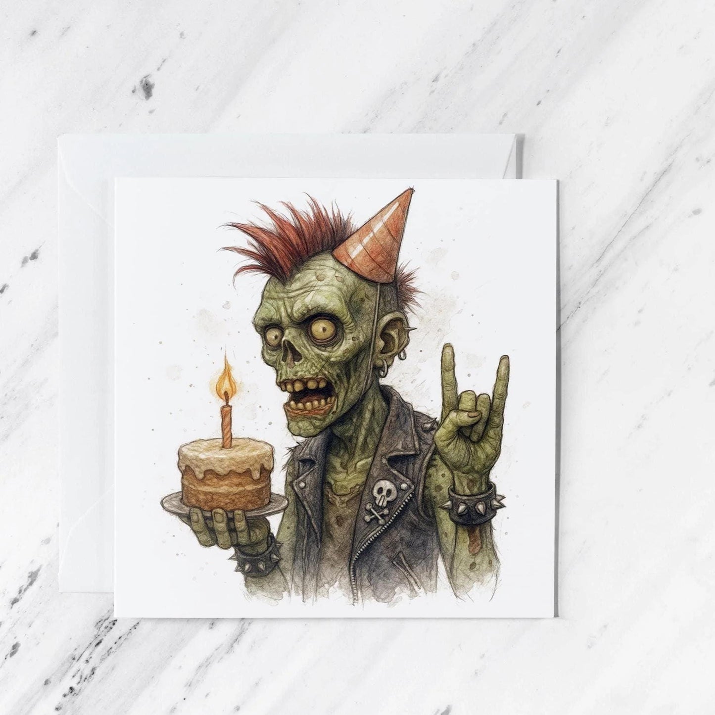 Zombie Punk Rocker Birthday Card | Watercolour Illustration