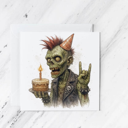Zombie Punk Rocker Birthday Card | Watercolour Illustration