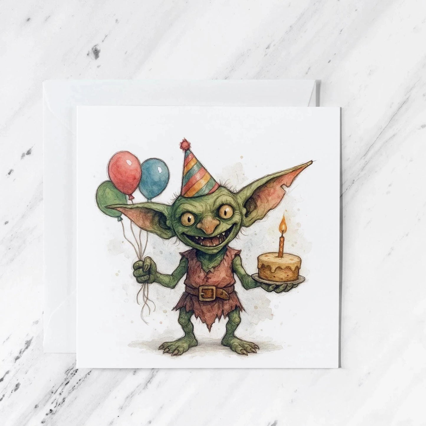 Mischievous Goblin Birthday Card | Watercolour Fantasy Illustration