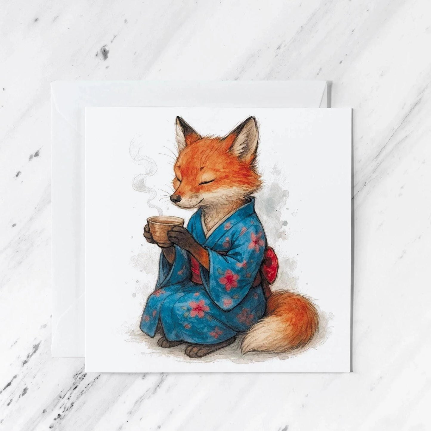 Fox Kimono Greeting Card | Japanese Tea Ceremony Watercolour Illustration