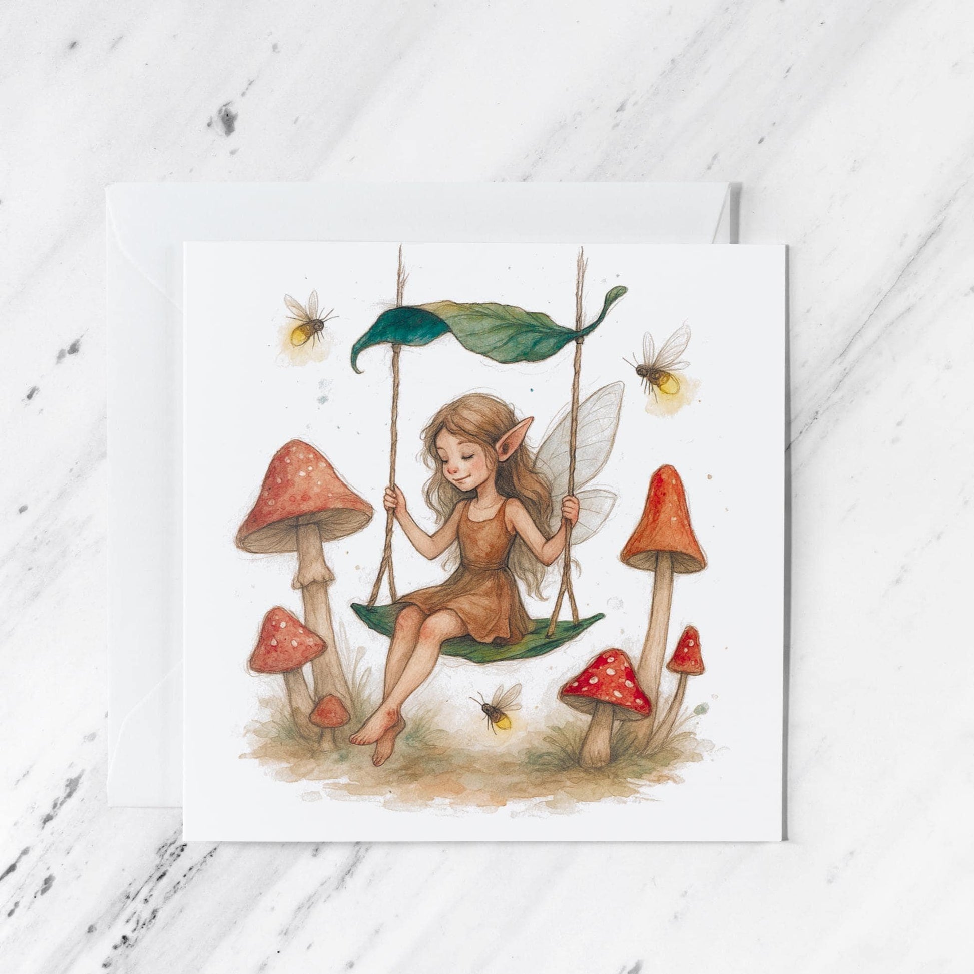 Fairy Mushroom Swing Card featuring whimsical watercolour woodland illustration, illustrated greeting card