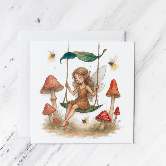 Fairy Mushroom Swing Card featuring whimsical watercolour woodland illustration, illustrated greeting card