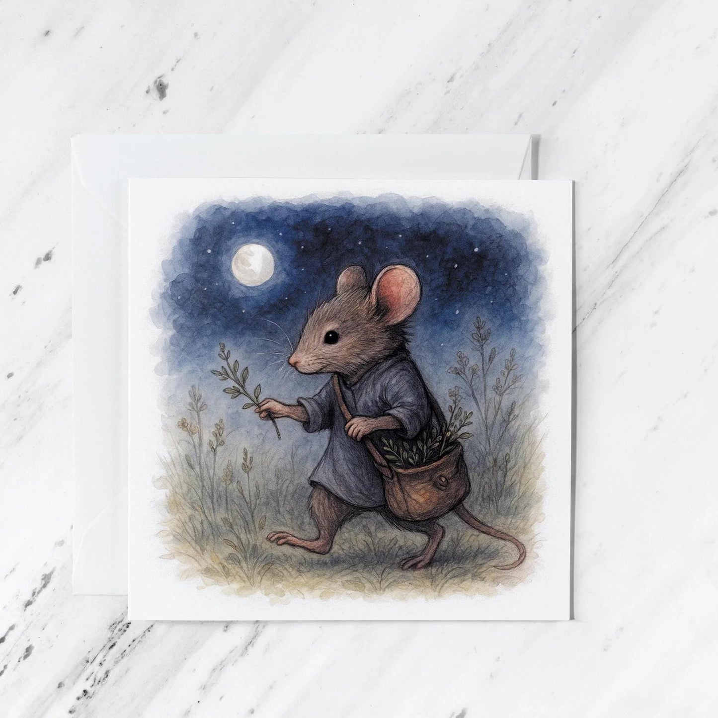 Moonlit Mouse Watercolour Card, illustrated greeting card