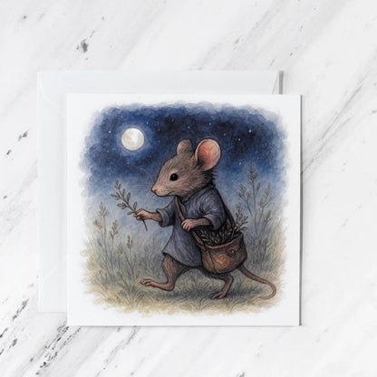Moonlit Mouse Watercolour Card, illustrated greeting card