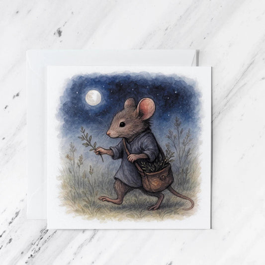 Moonlit Mouse Watercolour Card, illustrated greeting card