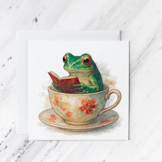 Frog Reading in Teacup Greeting Card, illustrated greeting card