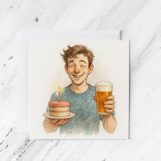 Birthday Card featuring man with cake and beer watercolour illustration, illustrated greeting card