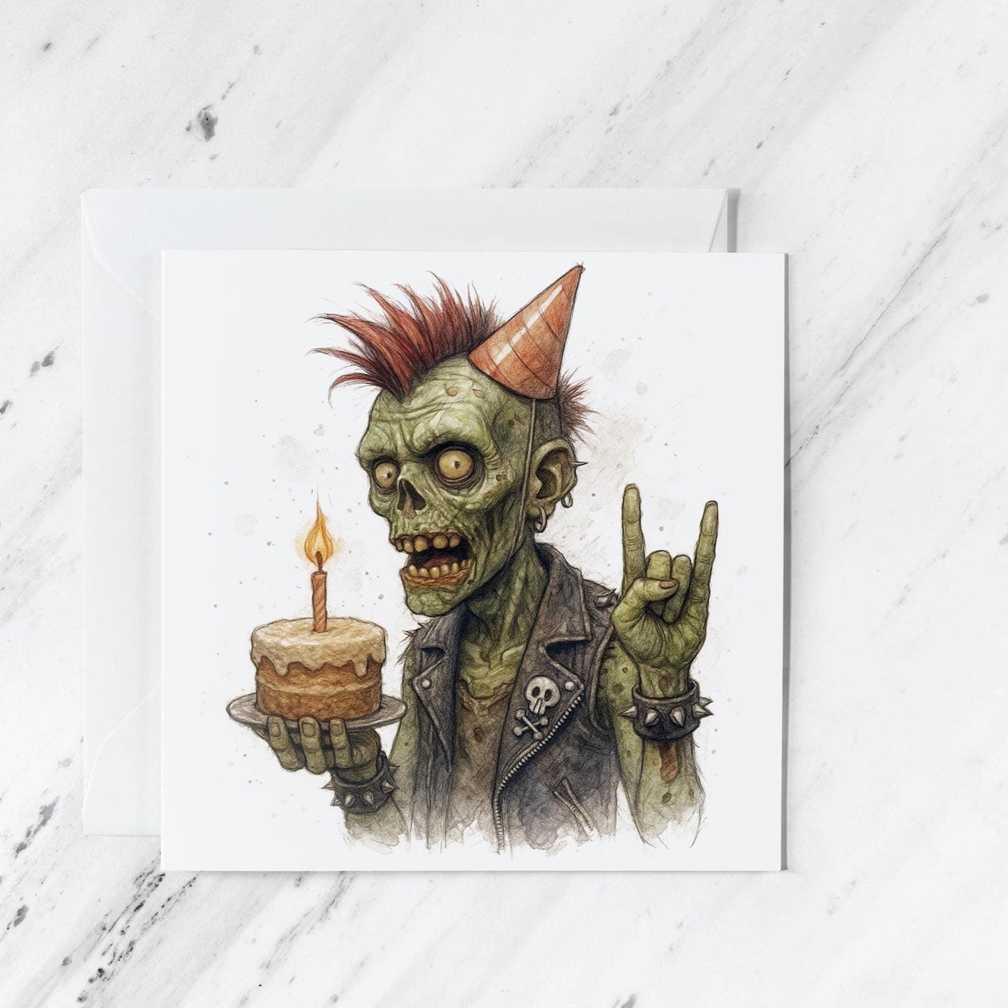 Zombie Punk Rocker Birthday Card, illustrated greeting card