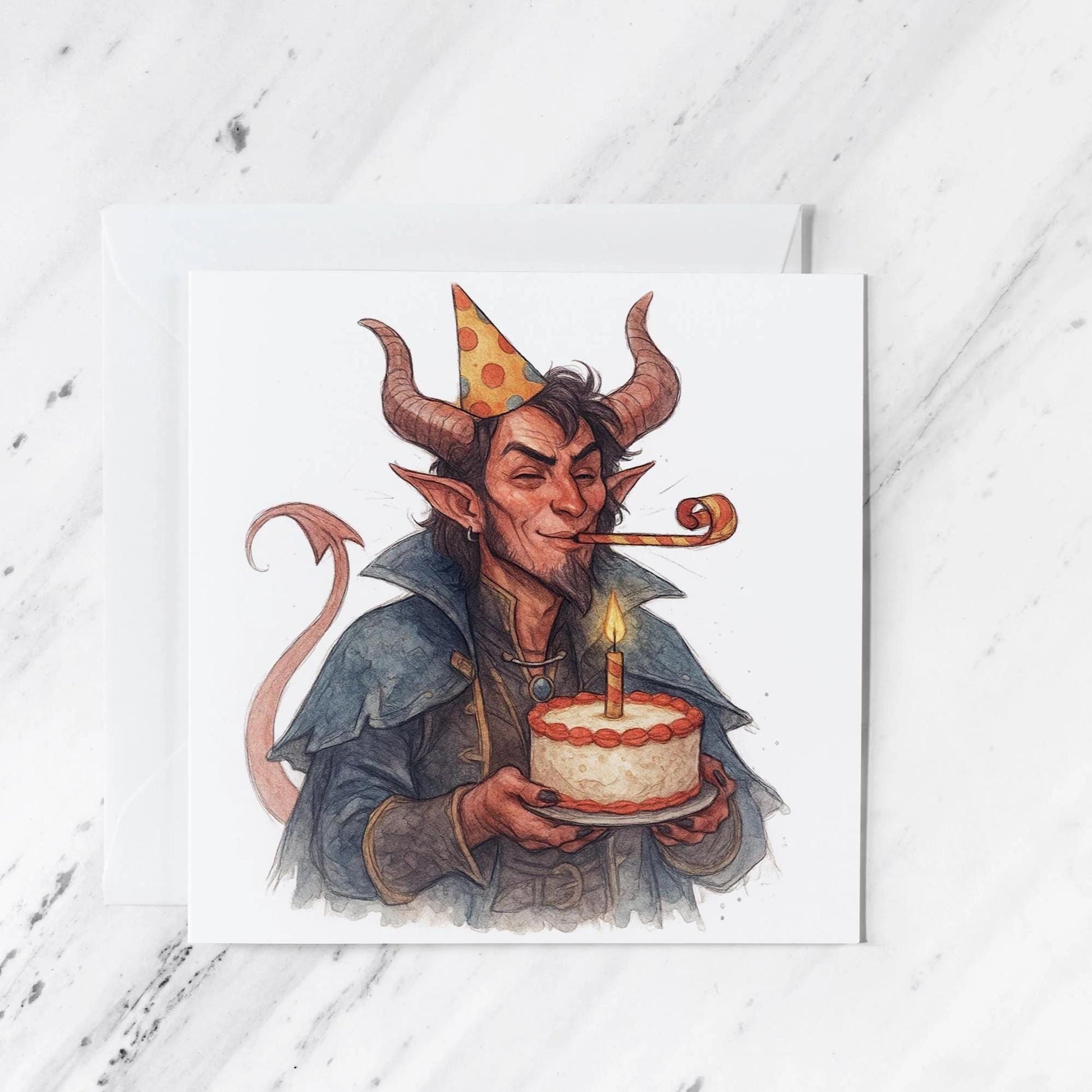 Fantasy Tiefling Rogue Birthday Card featuring watercolour pencil sketch illustration, illustrated greeting card