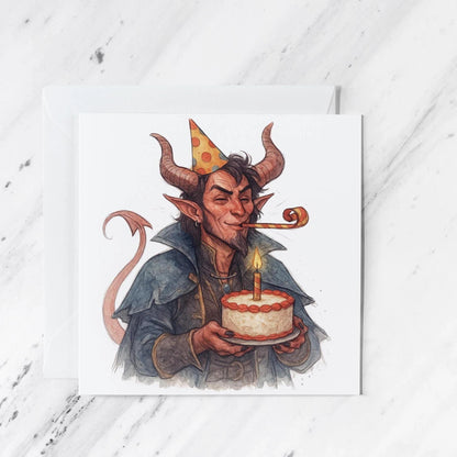 Fantasy Tiefling Rogue Birthday Card featuring watercolour pencil sketch illustration, illustrated greeting card