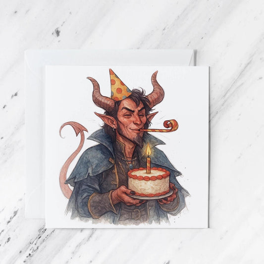 Fantasy Tiefling Rogue Birthday Card featuring watercolour pencil sketch illustration, illustrated greeting card