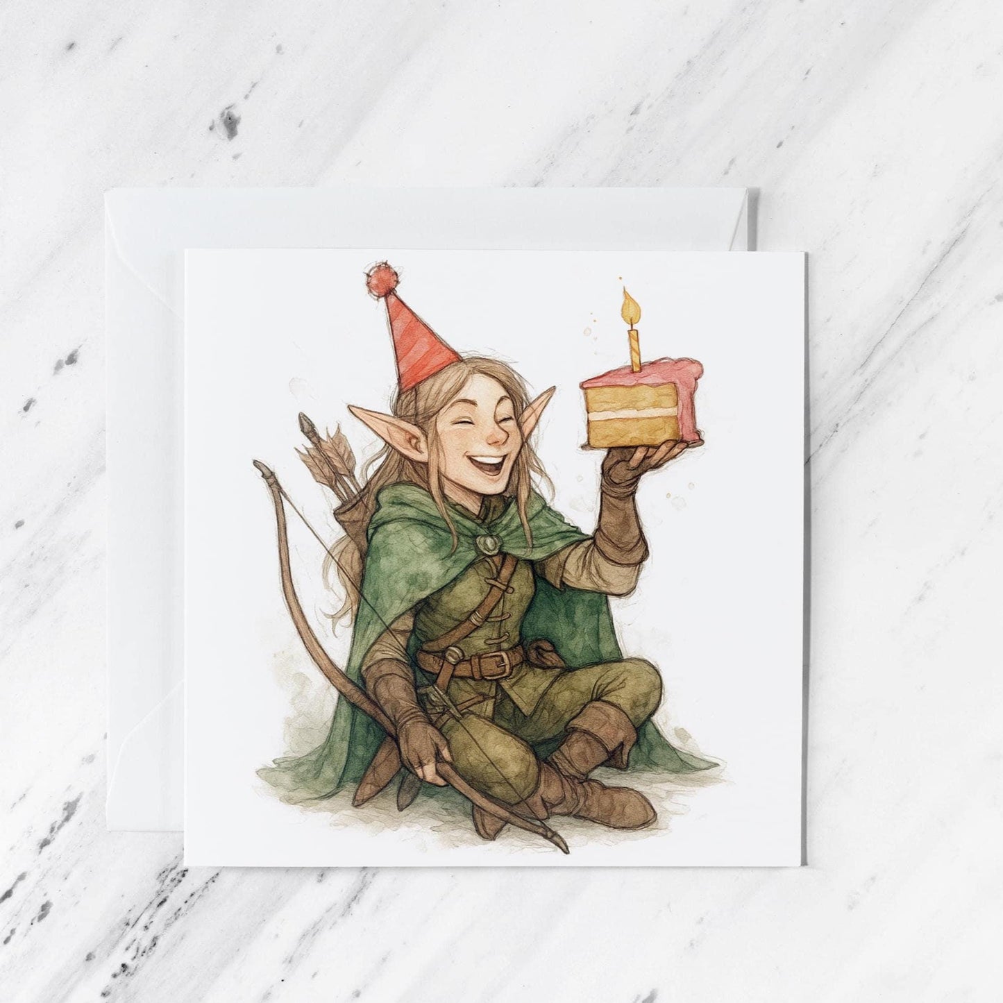 Elf Ranger Archer Birthday Card, illustrated greeting card