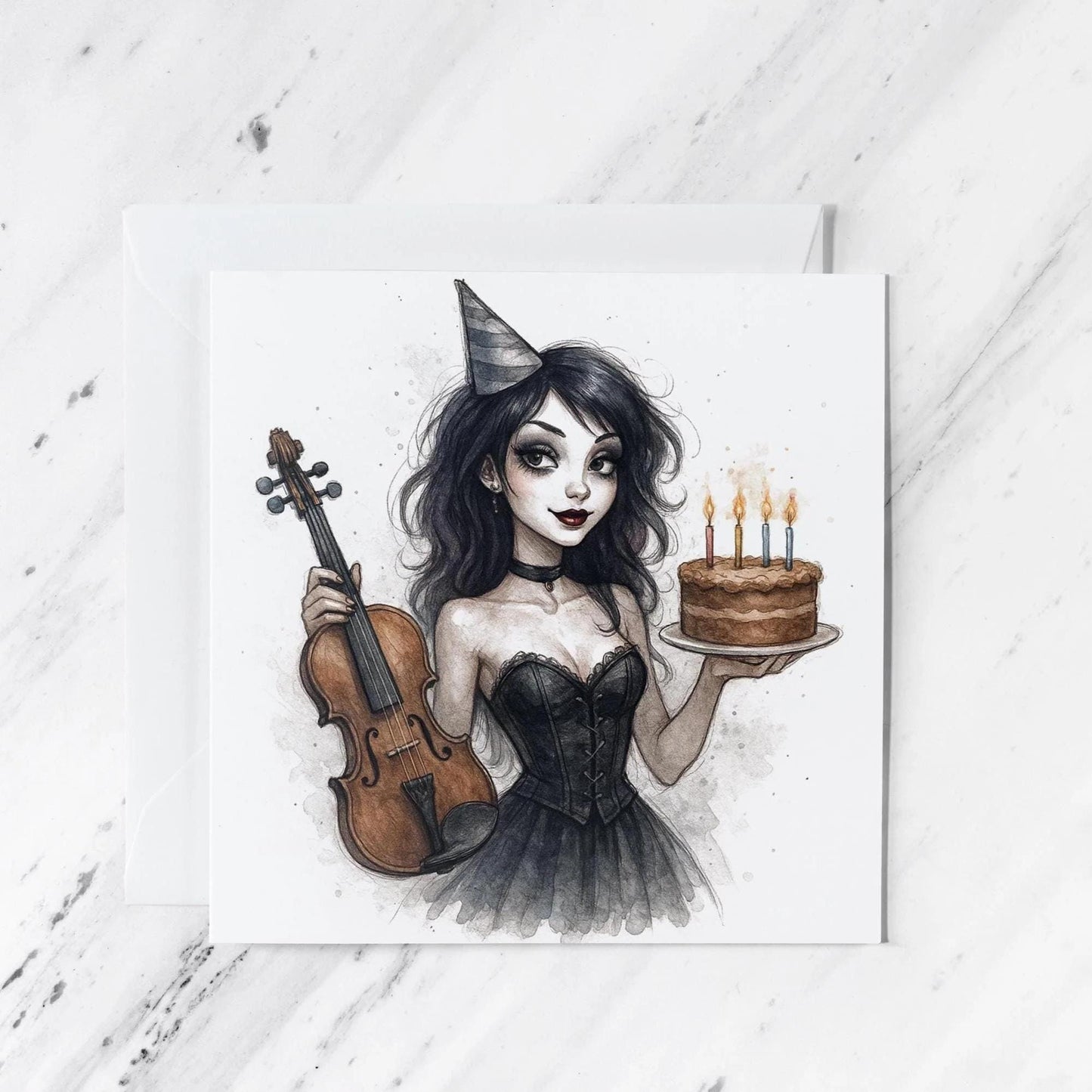 Gothic Violinist Birthday Card, illustrated greeting card