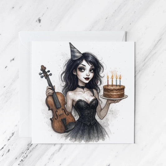 Gothic Violinist Birthday Card, illustrated greeting card