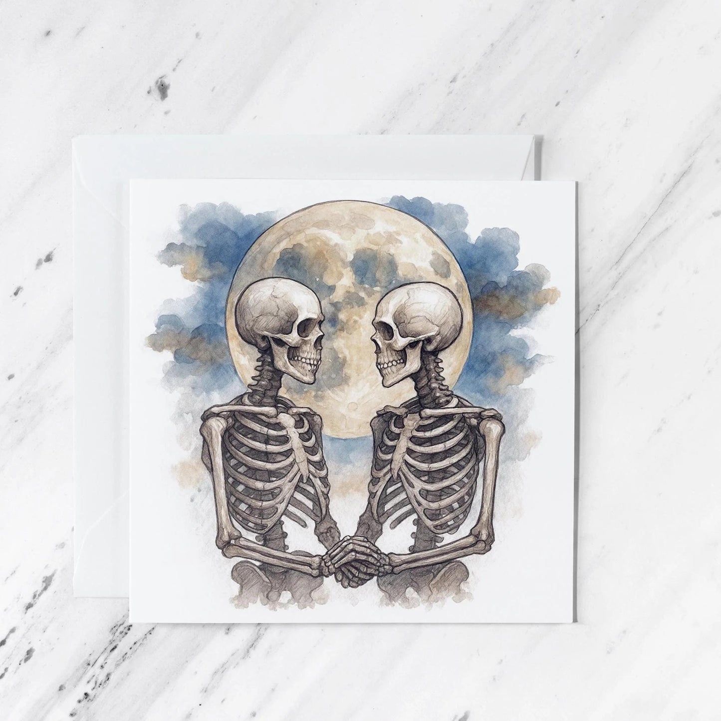 Gothic Romance Skeletons Card featuring watercolour pencil illustration, illustrated greeting card