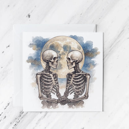 Gothic Romance Skeletons Card featuring watercolour pencil illustration, illustrated greeting card