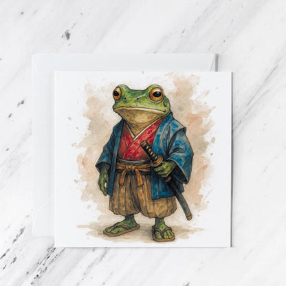 Samurai Frog Watercolour Greeting Card featuring japanese warrior toad illustration, illustrated greeting card