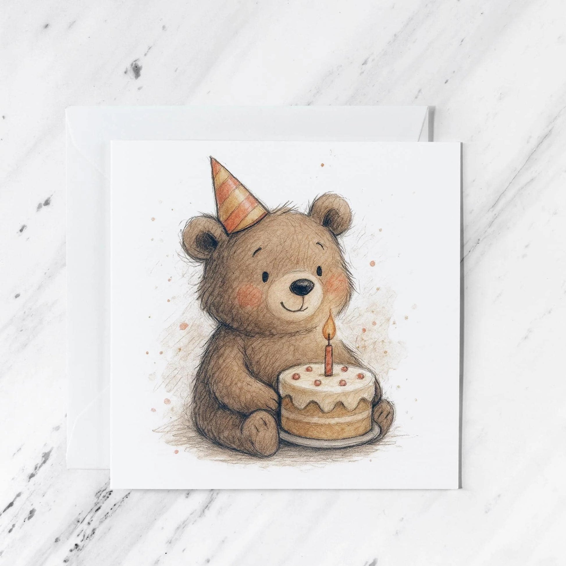 Woodland Bear Birthday Card featuring pastel style, illustrated greeting card