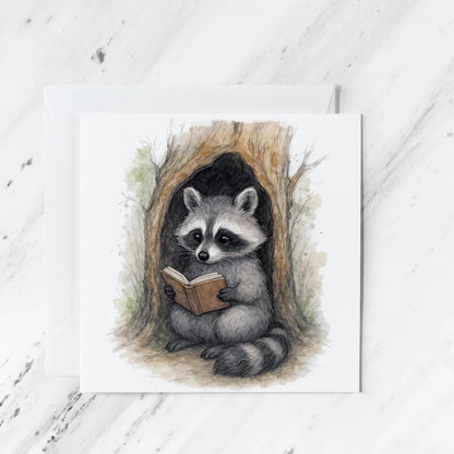 Woodland Raccoon Reading Card, illustrated greeting card